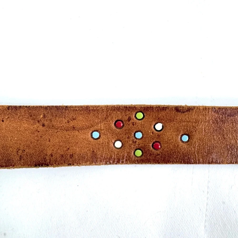 Antonio Barral Belt Brown Leather Painted Dots Square Buckle Vintage 90s Size 26